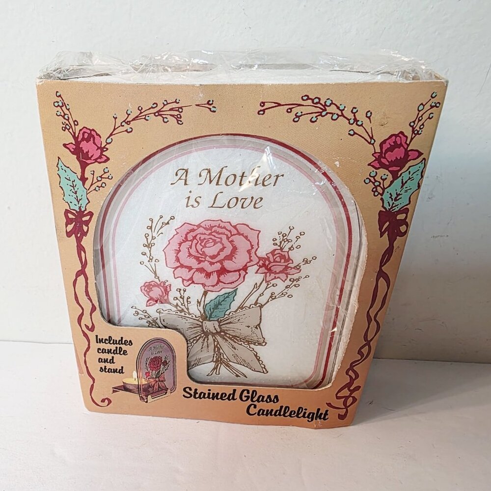 Vtg Tea Light Candle Holder Stand Stained Glass Roses Mother is Love Floral Pink